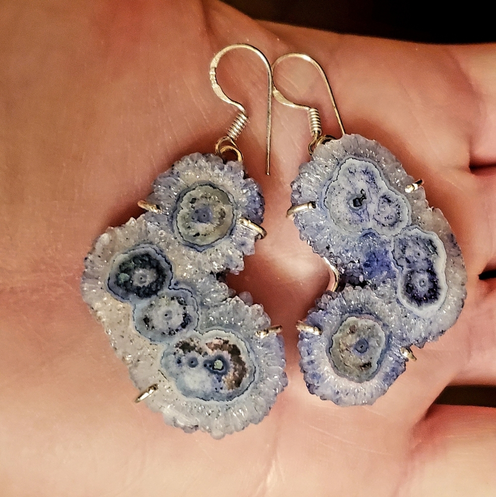 New Oversized Blue Solar Quartz Agate Silver Earrings.